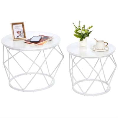 Salontafel Set van 2 – Voor Woonkamer & Slaapkamer – Ronde Bijzettafels met Metalen Frame – Wit