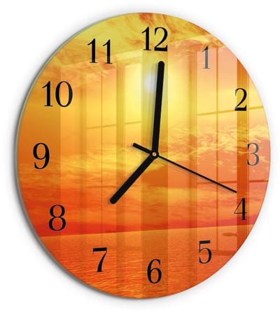 Tulup Wandklok - Zonnig Decoratieve Glazen Klok - 30fi cm - Oranje Glazen Wandklok Design - Zwarte Handen - Ronde Wandklok - Glazen Klok Met Print - Wandklok Glas Met Motief