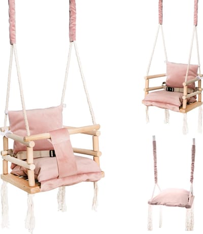 Babyschommel Babyzitje - Stof Hout - Babyschommel Binnen - kinderschommel - Schommel Baby Zitje - Schommelzitjes - Schommelstoel - Roze