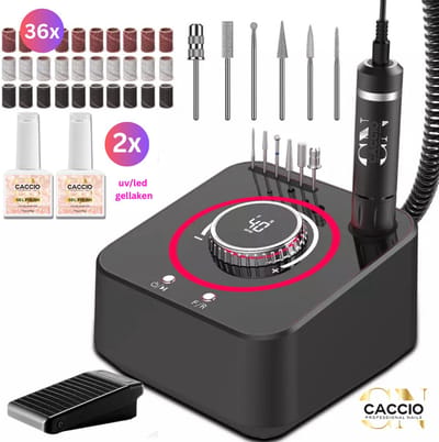 CACCIO® Zwart Elektrische Nagelfrees-40.000RPM-Elektrische Nagelvijl set-Nagelvijl elektrisch-Licht Gewicht Techno-Incl. 6 nagelbitjes- 2x15ml gellak-36 schuurrolletjes-Manicure Pedicure Voeten Handen-Vijl-Acrylnagels-Gelnagels-manicure pedicure set