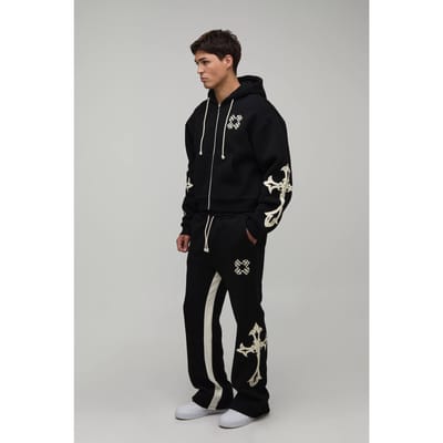 Geschrumpte Kruis Capuchon Rits Uitlopende Inzetstuk Trainingspak | Black | Size XL