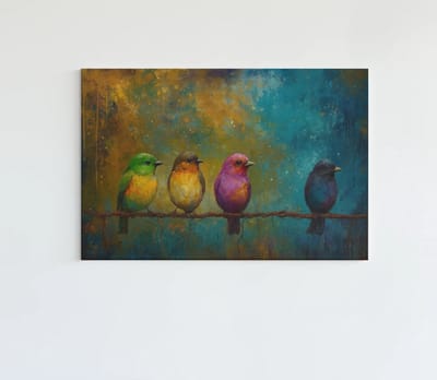 Canvas Schilderij - Vogels op in rij - Kleurrijke Wall Art - 90x60x2 cm