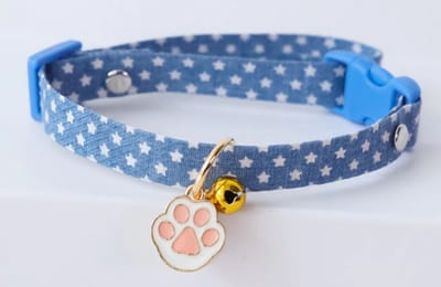 Kattenhalsband / Blauw / Wit / Ster / belletje / Sterretjes motief / 20 tot 30 CM
