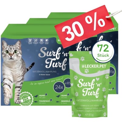 72 x 85 g Lecker.Pet® Surf'n'Turf Pouches kattenvoer in fijne saus natvoer - 4 soorten multipack