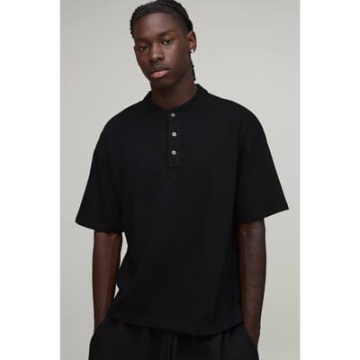 Oversized Boxy Henley T-Shirt | Black | Size XS