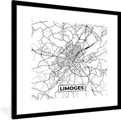 Fotolijst incl. Poster Zwart Wit- Frankrijk - Limoges - Plattegrond - Stadskaart - Kaart - Zwart wit - 40x40 cm - Posterlijst