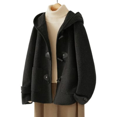 Nieuwe Koreaanse Stijl Losse Slanke en Verjongende Veelzijdige Jas met Capuchon Wollen Jas voor Dames L black