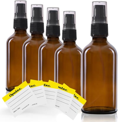 Oputec 5 x 50ml pompflessen – bruine glazen crèmespender & lotionspender – navulbaar & herbruikbaar – met etiketten – dicht & reisvriendelijk