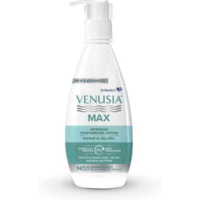 Dr. Reddy's Venusia Max Lotion Hydratante Intensive pour peaux normales à sèches | Lotion pour le corps I Formule avancée avec Acide Hyaluronique 4D, Beurre de Cacao, S white