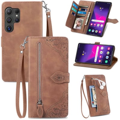 YPCd Portemonnee Bookcase Hoesje Geschikt voor Samsung Galaxy S24 Ultra – PU Leren Wallet Flip Cover met Ritssluiting – Pasjesvakken & Polsbandje – Standfunctie – Bloemen – Bruin