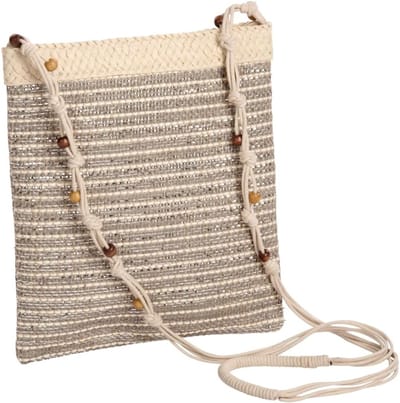 Schoudertas in Beige en Grijs, Rechthoekig Jute, Ideaal als Strandtas of Handtas, 24 cm, Damesmode Accessoire