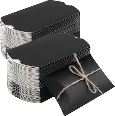 150 Stuks Kraft Papieren Kussendozen Zwart met Jute Touw, 13 x 9 x 3,5 cm, Kleine Cadeauverpakkingen voor Bruiloft, Verjaardag en Feestjes