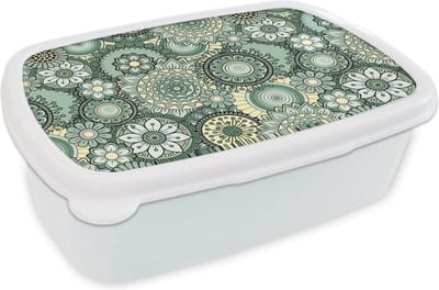 Broodtrommel Wit - Lunchbox - Brooddoos - Bloemen - Groen - Patronen - 18x12x6 cm - Volwassenen