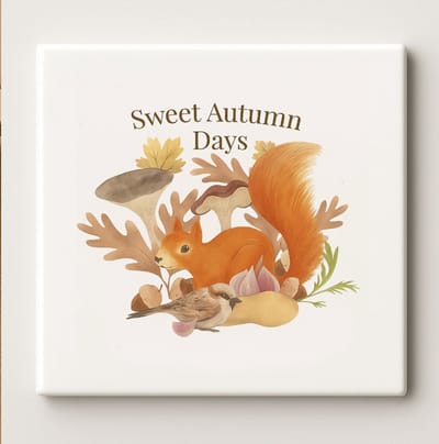 Sweet Autumn Days Tegel 15x15cm – Gezellige Herfst Keramische Wandtegel met Eekhoorn en Bos Ontwerp, Perfect Seizoenscadeau of Woondecoratie
