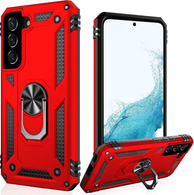 Casemania Hoesje Geschikt voor Samsung Galaxy S22 Rood - Anti-Shock Hybrid Armor Back Cover - Hoes met Kickstand Ring