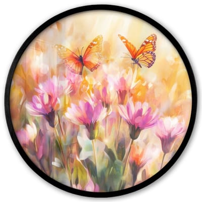 Poster in lijst Rond - Fotolijst 40x40 cm - Posters - Vlinders - Oranje - Bloemen - Ronde posterlijst zwart - Decoratie - Wanddecoratie woonkamer - Muurdecoratie slaapkamer