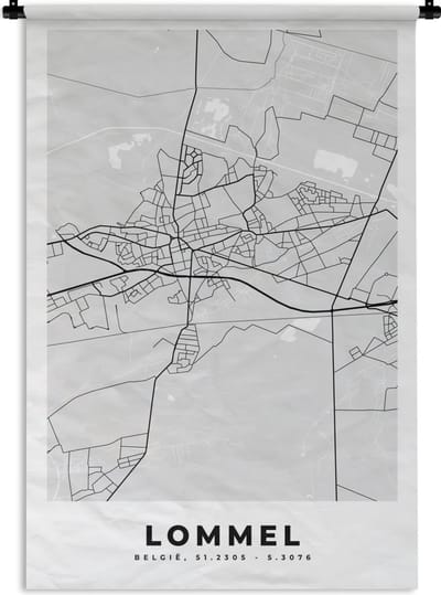 Wandkleed - Wanddoek - Zwart Wit – België – Plattegrond – Stadskaart – Kaart – Lommel - 120x180 cm - Wandtapijt