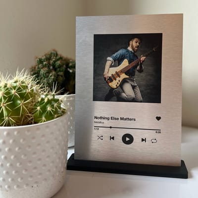 SpotiFrame - Spotify RVS plaat inclusief standaard - 30x20cm - Gepersonaliseerd met foto en tekst