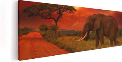 Artaza Canvas Schilderij Zonsondergang Afrika - 60x20 cm - Wanddecoratie Olifant - Muurdecoratie Dieren - Schilderijen Op Canvas
