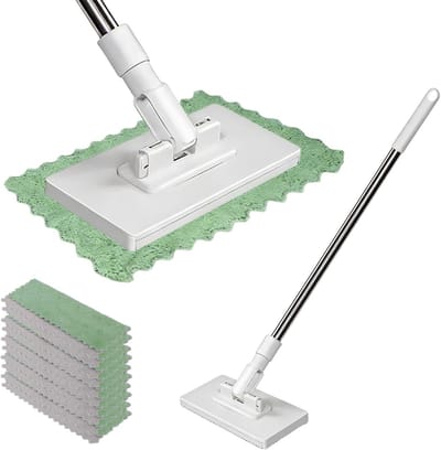 Dweilmop met drukklemsysteem en telescoopsteel, inclusief 10 herbruikbare microvezeldoeken voor effectieve vloer- en wandreiniging in huis en op kantoor
