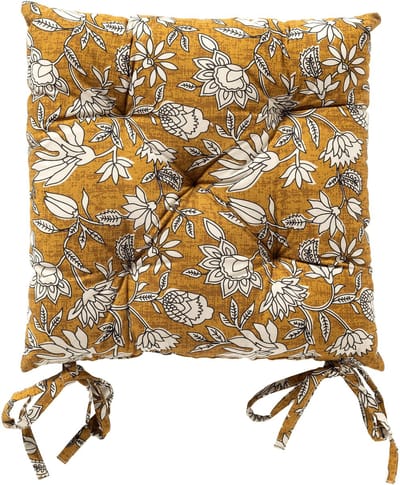 Dutch Decor - JUDITH - stoelkussen 40x40 cm - bloemenmotief - met striklinten - Chai Tea - geel - Zitkussen