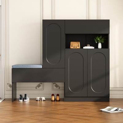 MODFU Schoenenkast Met Zitbank - Soft-Close En Verstelbare Planken - Modern - Hal - Spaanplaat - Zwart - 130 x 35 x 110 cm