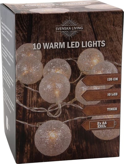 Lichtsnoer - met 10 witte glitter bolletjes - D5 cm - warm wit - op batterij - 135 cm - kerstverlichting
