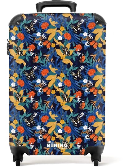 NoBoringSuitcases.com - Koffer - Tropisch vlinder patroon donker blauw - Past binnen 55x40x20 cm en 55x35x25 cm - Trolley handbagage - Valiezen met wieltjes volwassenen - Reiskoffer op wielen - Rolkoffer lichtgewicht