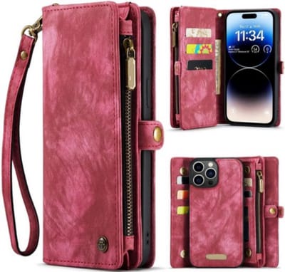 2 in 1 Afneembare Magnetische Rits Portemonnee Telefoon Hoesje geschikt Voor IPhone 15 Pro Kaarthouder Lederen Luxe Multifunctionele Aanklikbaar Hoes Rood