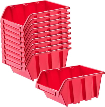 KADAX Workshop stapelkist, stapelbox van PP-kunststof, opbergbox in verschillende maten, opbergdozen voor gereedschapswand, opbergdoos, sorteerdoos (rood, 10 stuks, 195 x 120 mm)
