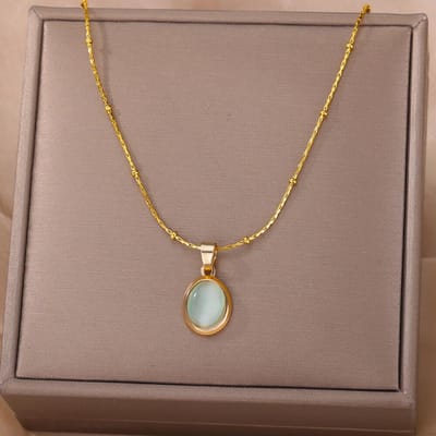 Mode stenen opaal ovale ketting voor vrouwen roestvrij staal goudkleurige ovale stenen hanger ketting bruiloft esthetische sieraden cadeau 45cm gray