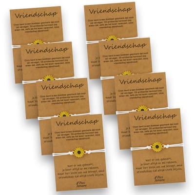 Vriendschapsarmbandjes voor 8 "Vriendschap" - Zonnebloem - BFF Armbandjes met Persoonlijk Cadeau Kaartje - Wit met Bloem Hanger - Op Acht Kaartjes- Pax Amare