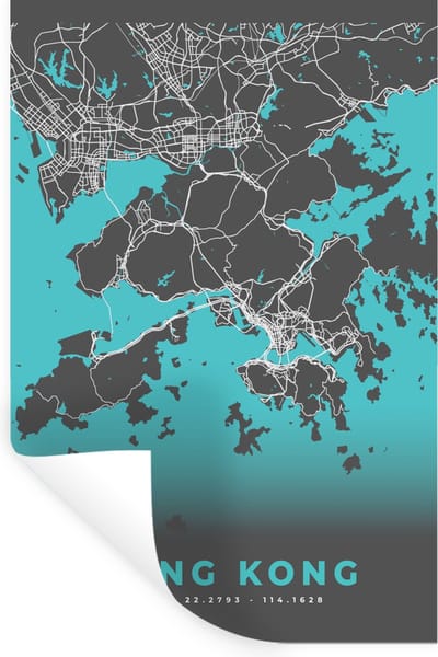 Muurstickers - Sticker Folie - Hong Kong - Stadskaart - Plattegrond - Kaart - Blauw - 20x30 cm - Plakfolie - Muurstickers Kinderkamer - Zelfklevend Behang - Zelfklevend behangpapier - Stickerfolie
