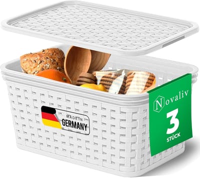 Novaliv Set van 3 opbergdozen met deksels Keuken 2L Wit Plastic Rotan Look Keukenopslag & Organisatie BPA-vrij Kastorganizer Opbergdozen voor theezakjes Snacks Specerijen