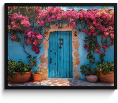 Poster in lijst - Fotolijst 70x50 cm - Posters - Deur - Hout - Bloemen - Blauw - Posterlijst zwart - Decoratie - Wanddecoratie woonkamer - Muurdecoratie slaapkamer