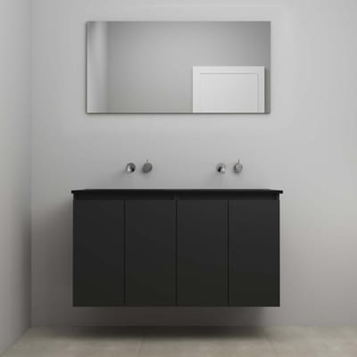 On-Line Badkamermeubelset - 120 cm - Voorgemonteerd - Greeploze Ladestructuur - Acryl Wastafel - zonder Kraangat - Spiegel - Mat Zwart - V02