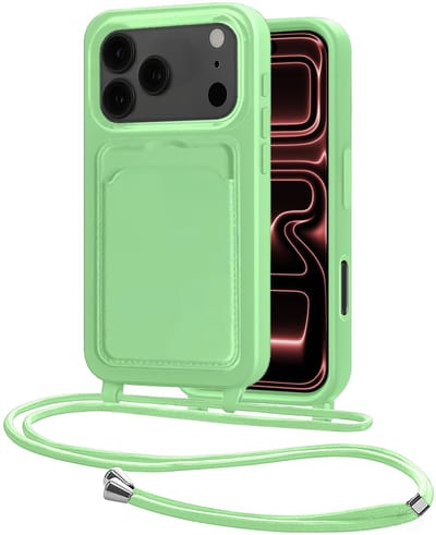 Hoes Geschikt voor iPhone 17 Pro Hoesje Pasjeshouder Cover Met Koord Case Siliconen Hoes Met Telefoonkoord en Kaarthouder - Groen
