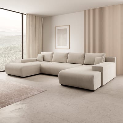 Meubella - Wincan - Hoekbank 4-zits - Ribstof beige - Universeel