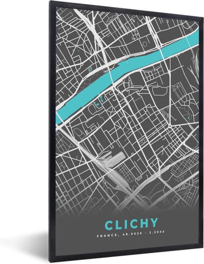 Fotolijst incl. Poster - Kaart - Stadskaart - Plattegrond - Frankrijk - Clichy - 40x60 cm - Posterlijst