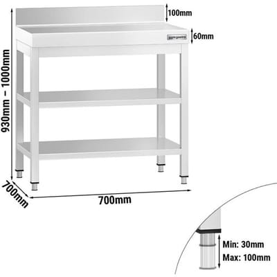 GGM Gastro Edelstahl Arbeitstisch PREMIUM - 700x700mm - mit Grundboden, Aufkantung & Zwischenboden Zilver