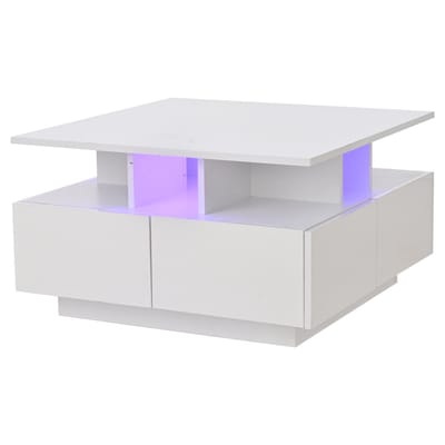 MODENUIT Salontafel - Hoogglans Met Ledverlichting En 4 Laden - Voor Woonkamer - Wit Spaanplaat - 70x70x40 cm