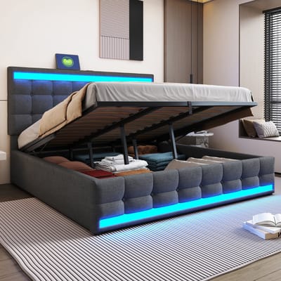 DESMIU Gestoffeerd Bed 180x200 cm – RGB LED-Verlichting Met Appbediening En USB-Aansluitingen – Verstelbaar Hoofdbord – Zonder Matras – Modern Linnen – Grijs