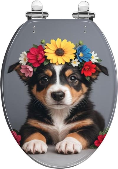 Lange wc-bril - Toiletbril met deksel - Badkamer Upgrade - Zwart-witte puppy decoratie - 40-47 cm lengte - Gekleurd