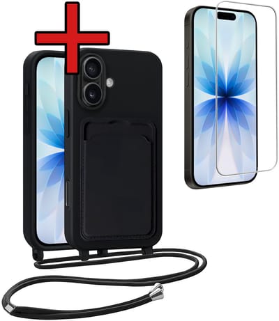 Hoesje Geschikt voor iPhone 17 Hoesje Met Telefoonkoord en Pasjeshouder Met Screenprotector Siliconen - Hoes Geschikt voor iPhone 17 Hoesje Met Kaarthouder Case - Zwart