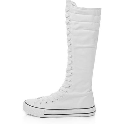 Hoge Top Dames Canvas Schoenen Kniehoge Laarzen Zijrits Flats Gevulkaniseerde Schoenen Veter -Up Comfortabele Platform Sneakers Vrouwelijk 34