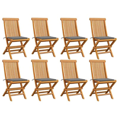vidaXL - Opklapbare - stoelen - met - grijze - kussens, - 8 - stuks, - massief - teakhout