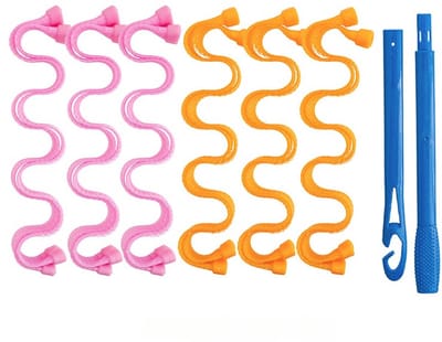 Krultangenset, 12-delige doe-het-zelf magische krultang, creëert golvende en spiraalvormige krullen zonder hitte, geschikt voor vrouwen, kort en middellang haar, roze-oranje kleur, 30 cm.