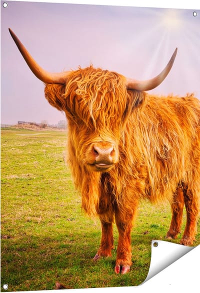Gards Tuinposter Bruine Schotse Hooglander Koe - Kleur - 80x100 cm - Tuindoek - Tuindecoratie - Wanddecoratie buiten - Tuinschilderij