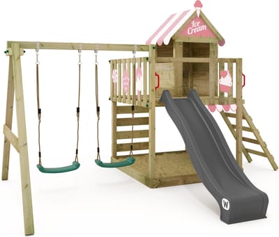 Wickey Smart Candy Speeltoestel - Dubbele schommel met Glijbaan en Speelhuisje - Klimwand & Zandbak - 446x344x265 cm - Pastelroze