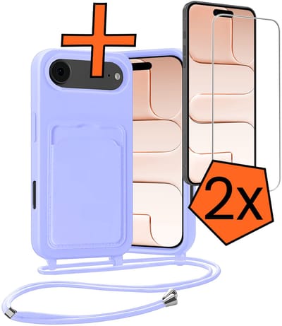 Hoesje Geschikt voor iPhone Air Hoesje Met Telefoonketting Pasjeshouder Case Met 2x Screenprotector Koord - Hoesje Geschikt voor iPhone Air Hoes Met Kaarthouder - Lila